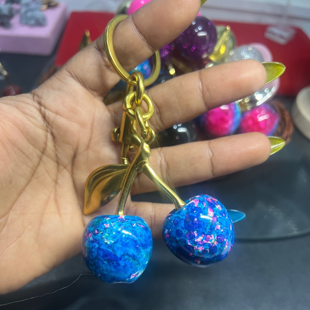 Blue Cherry Keychain with Gold Stem